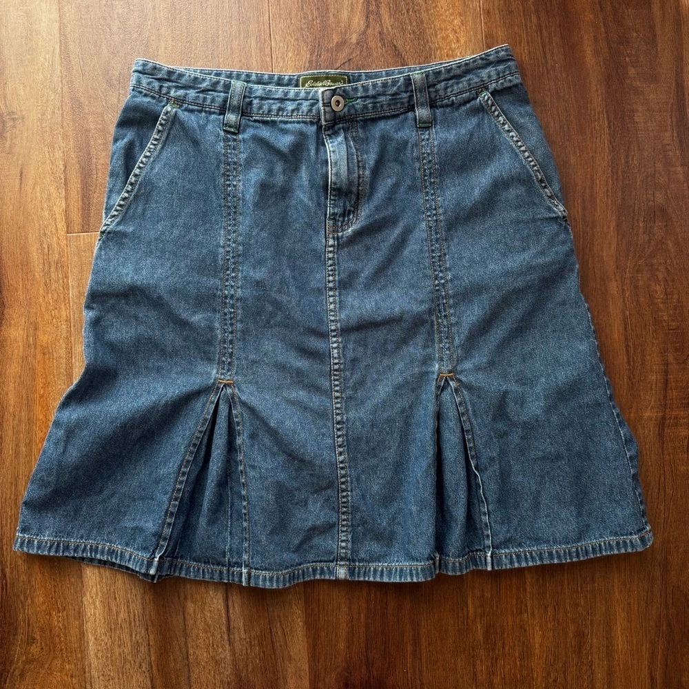 Vintage Eddie Bauer Denim Skirt Pleated Panel Cotton Jean Skirt Y2K Casual - Picture 2 of 8